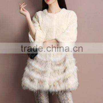 Women's Winter Warm Rabbit Fur Long Coat with Fox Fur Decoration