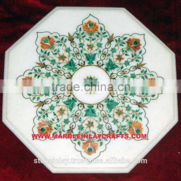 Octagonal Marble Inlay table Top, White Marble Inlay Dining Table Top