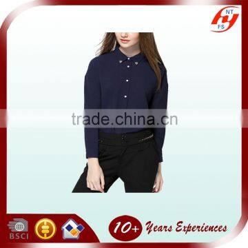 2016 Elegant Lady Dark Blue Loose Fit Office Blouse Design for Uniform Long Sleeve Chiffon Tops Customized