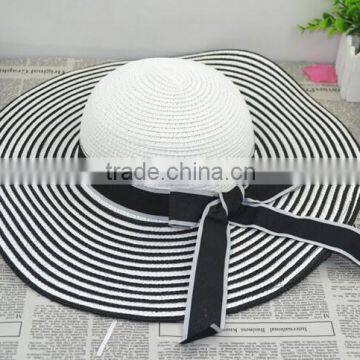 fashionable black ribbon bow white and black striped women straw hat