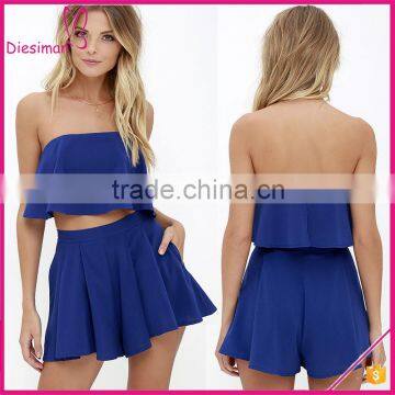 Woven Royal Blue Strapless Two-Piece Set, Skirt and Crop Top Set