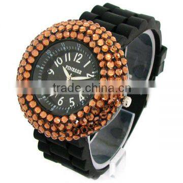 Nobby Fashion Colorful Geneva Lady/Women/Girl Jelly Silicone Quartz Wrist Watch with diamond Black