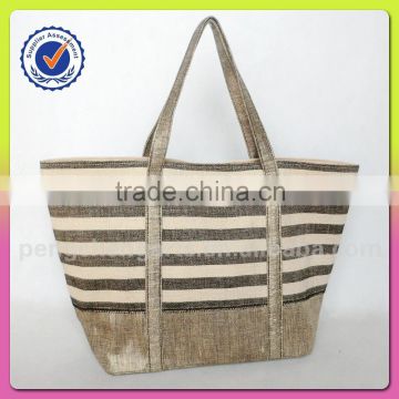 Fashion stripe jute tote bag and cotton material lady shopping handbag