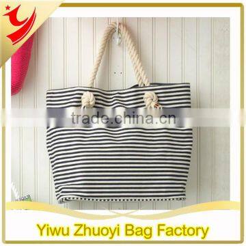 2016 Rope Decor Handing Tote Bags With Black And White Stripes