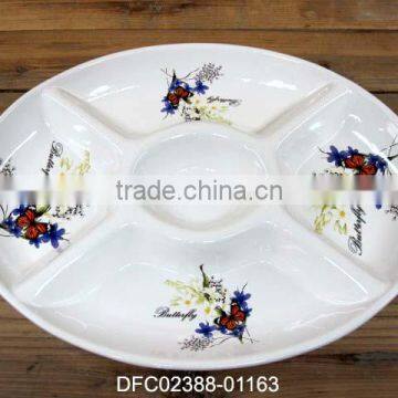 Restaurant Round Five Section Plate with Flower and Butterfly Decal