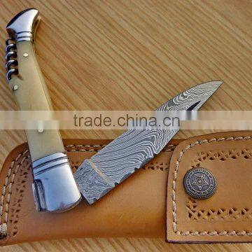 A SLIM/SMART CAMEL WHITE BONE HANDLE DAMASCUS STEEL LAGUIOLE KNIFE WITH CORK SCREW