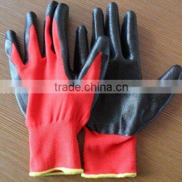 13gauge red polyester shell coated black nitrile gloves