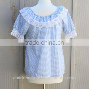 High quality lovely lace design Summer cotton baby clothes Blue and White gingham girl shirt