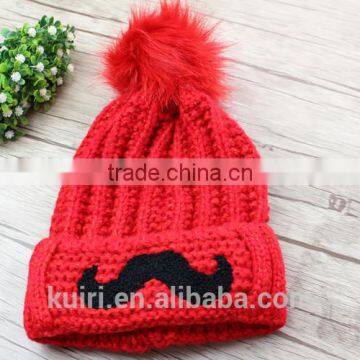 Cartoon Smile Face Lovely Acrylic Knitted With Faux Fur Ball Beanie Women Men Autumn Winter Cap Warm Hat photo-4