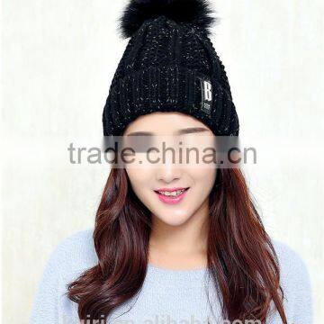 Logo Design Accept Woman Winter Warm Plush Thicken Winter Beanie Knit Hat With Fur Poms photo-4