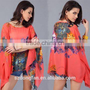 Women Clothing 2016 Fashion Bohemian Flower Print Women Top Batwing Sleeve Chiffon Vintage Style Summer Women Blouse Plus Size photo-2
