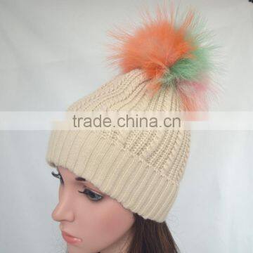 Myfur Random Color Raccoon Fur Pompom Knit Beanie Hat Wholesale