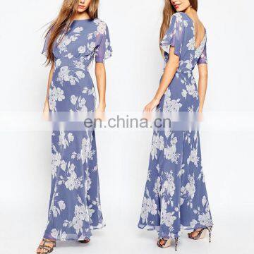 Online Shopping Fitted Waistband V Back Floral Printed Blue Long Chiffon Maxi Dress