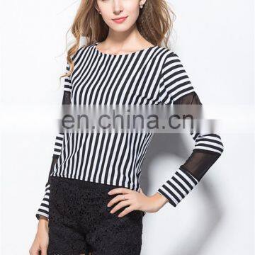 2017 Latest Fashion Women's Tee Shirt Korean Slim Vertical Stripes Stitching Female Blouse Shirt With Mesh Long Sleeve photo-3