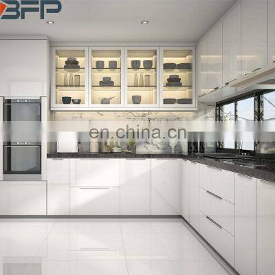 Hot Selling White Glass Doors Invisible Handle Kitchen Cabinet Solid Wood photo-4