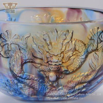 Handmade Casting Art Glass Chinese Dragons Treasure Bowl Fengshui Ornaments photo-5