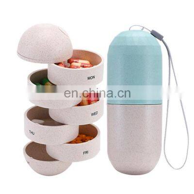 Custom Portable Waterproof Capsule Shape 7 Day Pill Box Pill Storage Cases Wheat Straw Pill Box For Travel