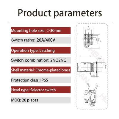 Ip65 30mm Chrome Plated Brass Rotary 2 Position 20a 1no 1nc on off Latching Switch photo-2