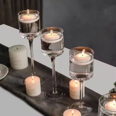 Cylinder Top Clear Long Stem Glass Candle Holders 3 size Set Wine Glass Candle Jars for Wedding Holiday Festival Party