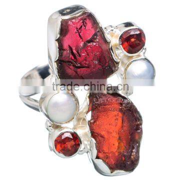 925 SOLID STERLING FINE SILVER ROUGH GARNET & PEARL RING