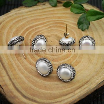 LFD-01E Druzy 925 Silver Pearl Pave Rhinestone Stud Earrings Jewelry Finding