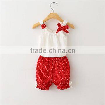 New design polka dot girl two piece outfits bow white child tee sets sleveless spot kid cloth suits