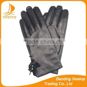 Black genuine cycling leather gloves for women with tassels