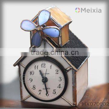 MX70002 tiffany style stained glass house shape with wind mill clock for table stand home decoration wholesale