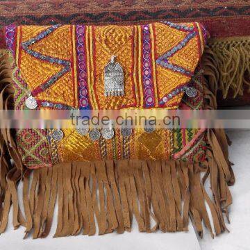 Multicolor banjara sling bag with suede fringes coin bags