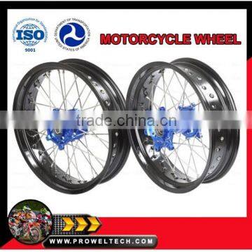 Kawasaki Supermoto wheelsets: blue hubs with black rims 3.50-17" and 4.25-17"