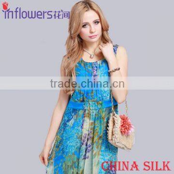 2015 Summer Beautiful Floral Print Long Maxi Dress 100 Silk beach dress