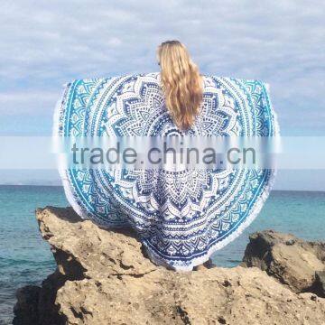 Indian Blue Ombre Round Mandala Pompom Table Cover Beach Throw Bohemian Yoga Mat Roundie Home Dorm Decor Tapestry