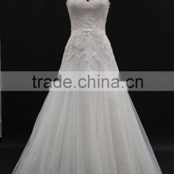 A-line sweetheart cording lace wedding dress with satin belt decorated by bow