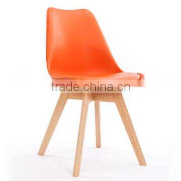 Modern coffee shop chair, bright color plastic chair with leather seat and wooden legs