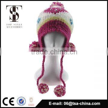 100% acrylic jacquard knitted beanie hat with big pom pom