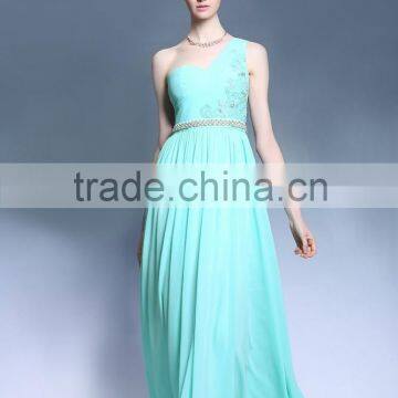 Low cost latest design one shoulder light green evening dress