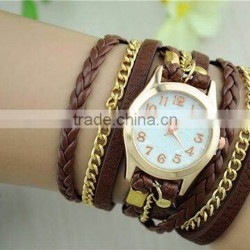 gold chain PU long multiple strap ladies watch