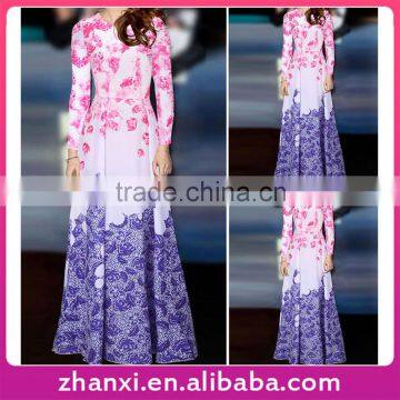 Wholesale chiffon round neck maxi long sleeve floral print muslim women long dress