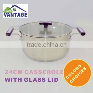 24cm belly shape double wall casserole with glass lid stainless steel cookware set with silicon handle