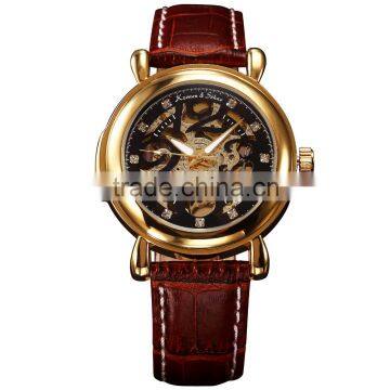 2015 Fashion Mechanical Automatic Skeleton Gold Leather Band Men Watch