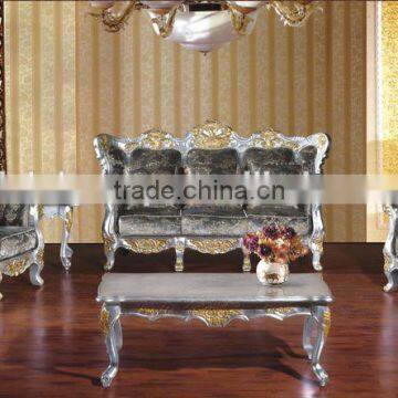 European Delicate Silver-foiled Wood Carved Sectional Sofa Set, Living Room Exquisite Fabric Sofa