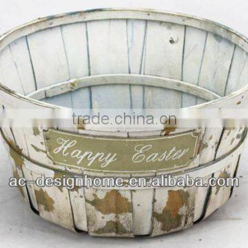 WHITE WASH ROUND HAPPY EASTER BAMBOO CHIP BASKET
