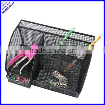 High quality 6 divided compartment black metal mesh desk organizer with drawer