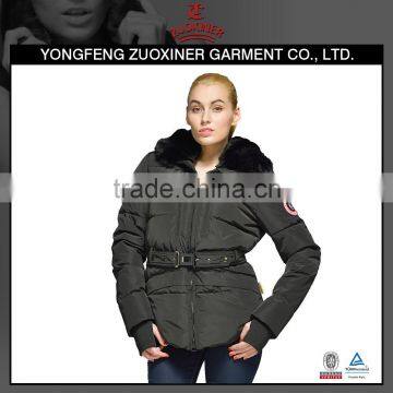 European style fashion ladies black color coat with fur hood