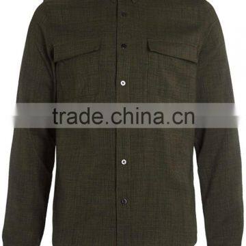 Khaki Long Sleeve Cotton Shirt With Double Chest Pocket photo-3