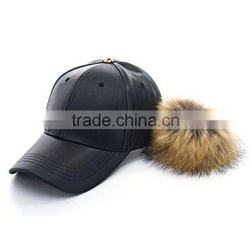 Myfur Wholesale Colors Winter Leather Pom Baseball Cap With Fur Pom Pom