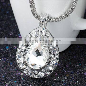 Fashion Jewelry Necklace Teardrop Lantern Chain Silver Tone With Glass Cabochons Clear Rhinestone 46.8cm long