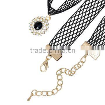 Gold Plated Black Mesh Round Pendant Clear Rhinestone Terylene Necklace photo-2