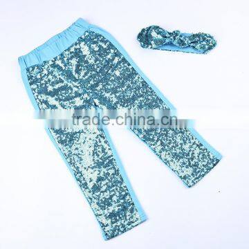 Newest Baby blue soild color cotton/sequins shiny pants for girls