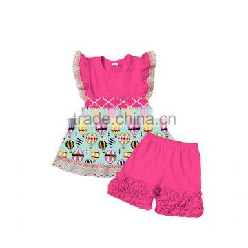 wholesale children's boutique clothing fire balloon pattern baby girl clothes rose red children ruffle outfit